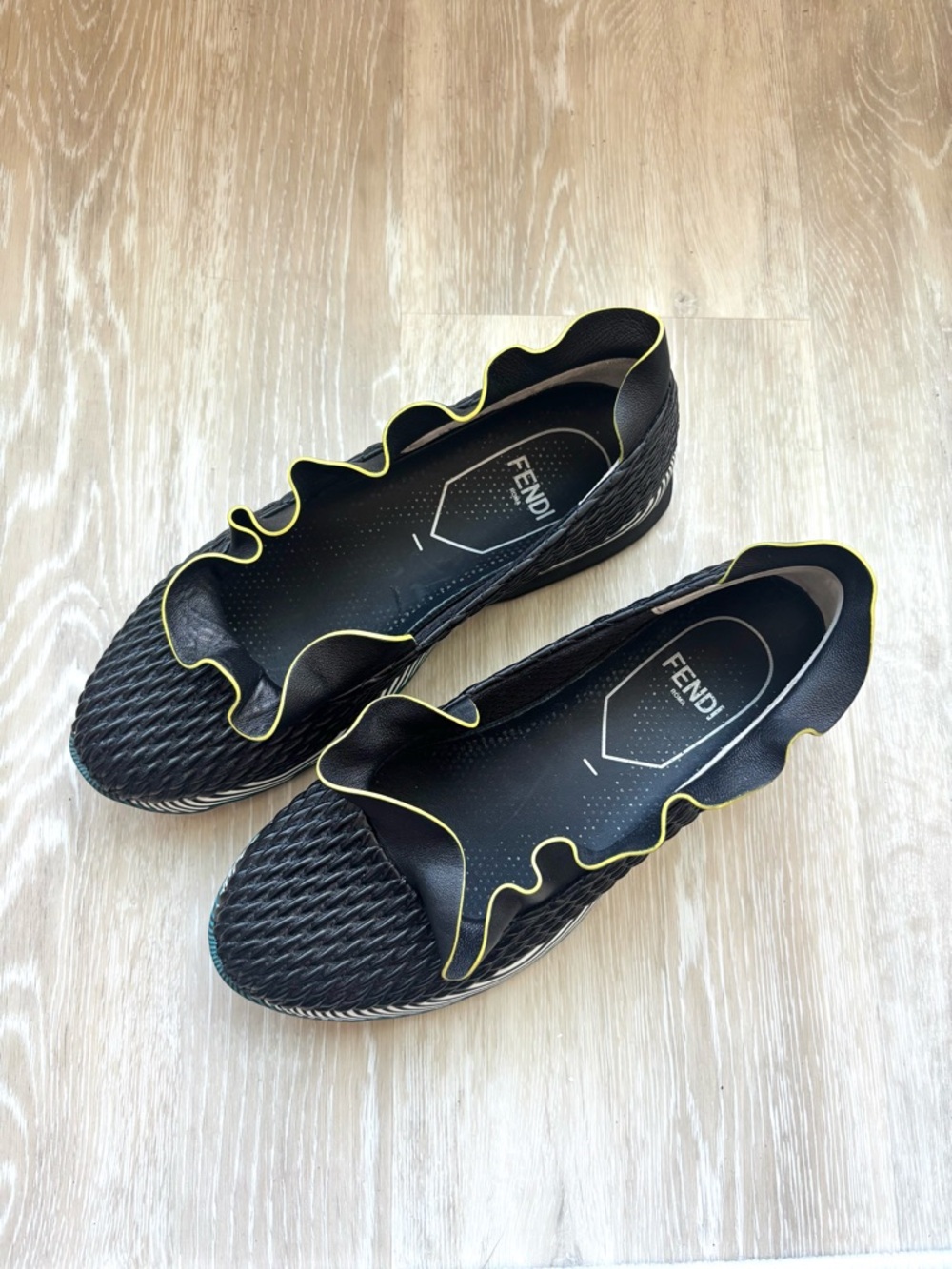 Fendi Ruffle Trim Nappa Leather Slip-On Sneakers - Black with Yellow Piping - Picture 5 of 10